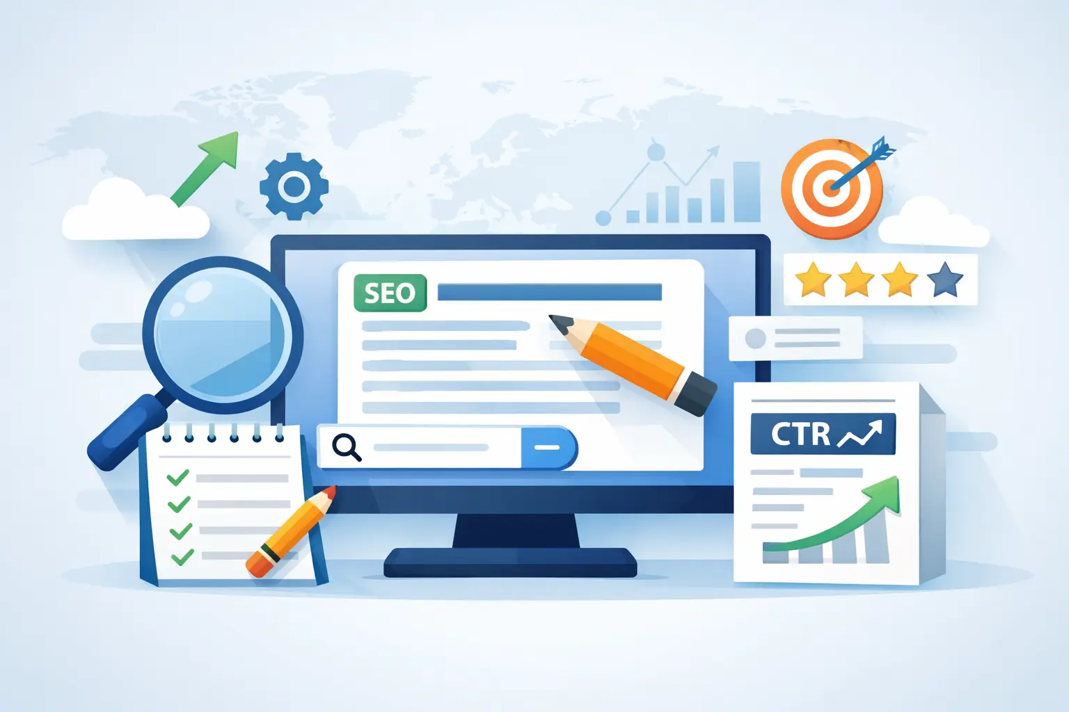 Illustration of writing SEO titles for blog posts with search analysis and ranking elements