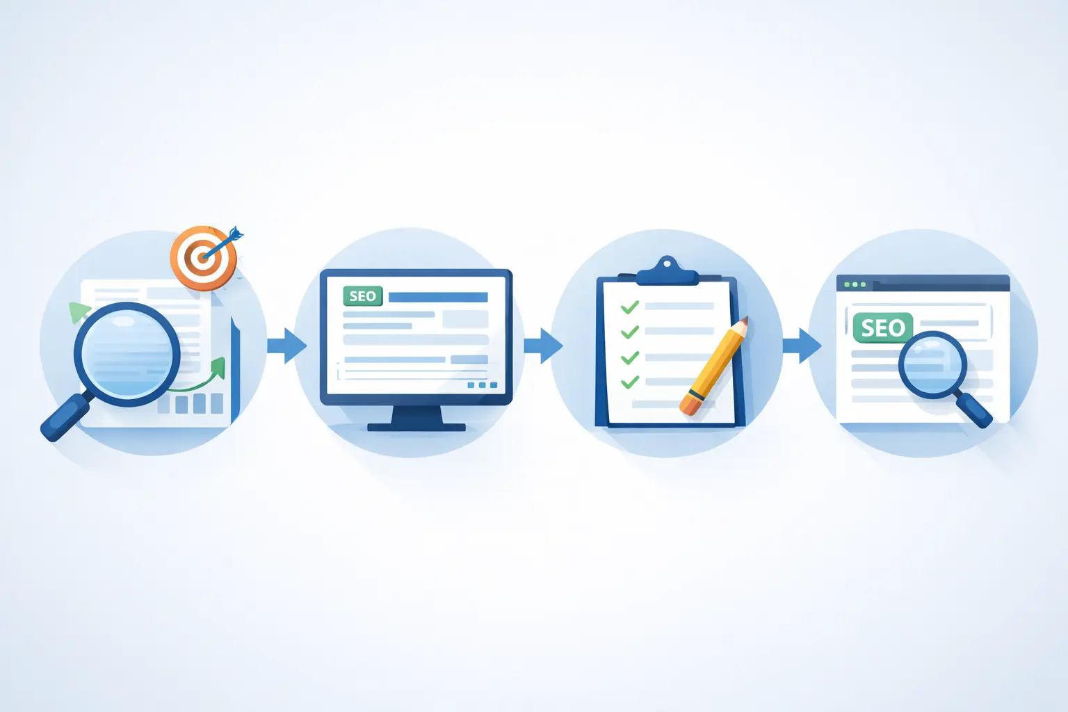 Step-by-step process for writing SEO titles including keyword research, search analysis, title drafting, and optimization